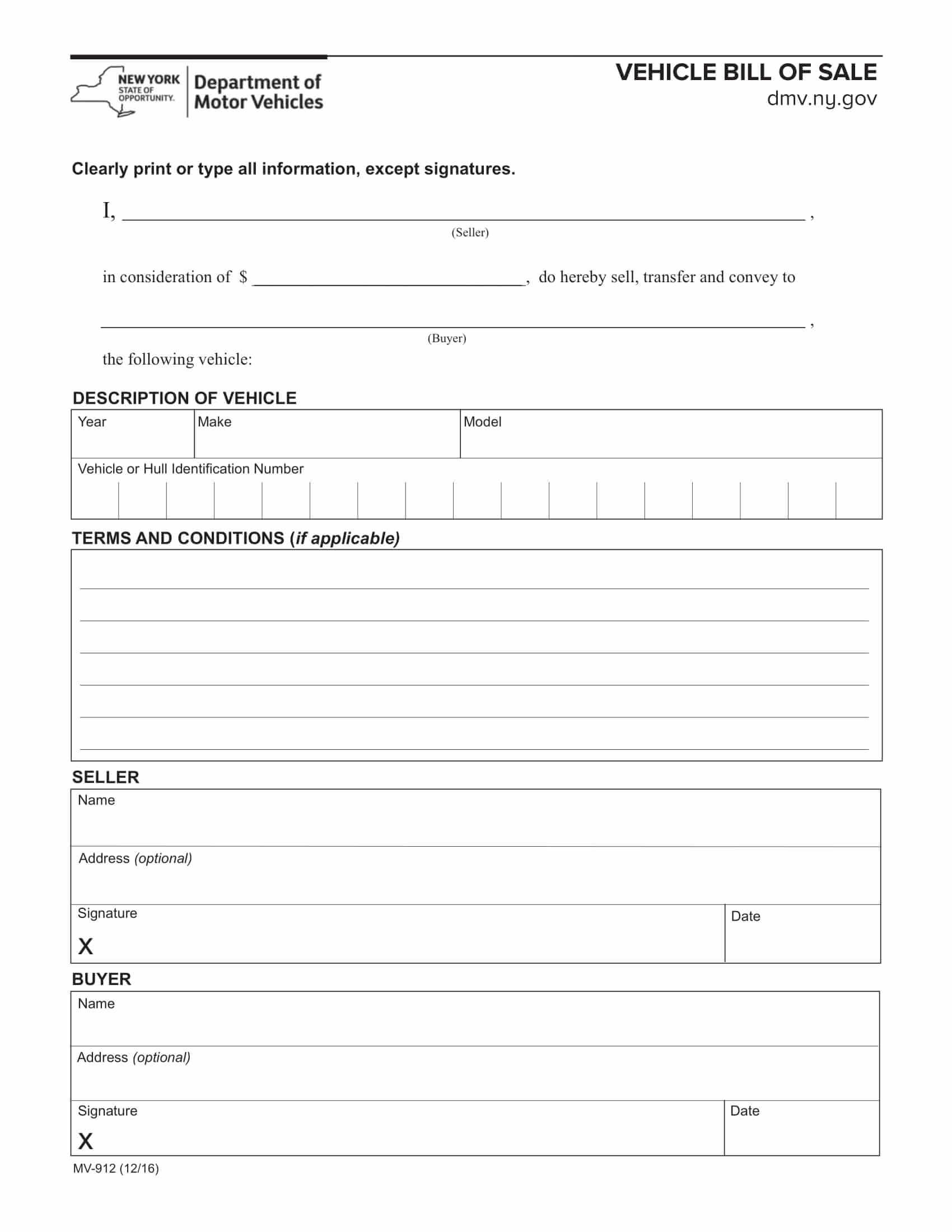 Free Fillable New York Vehicle Bill of Sale Form