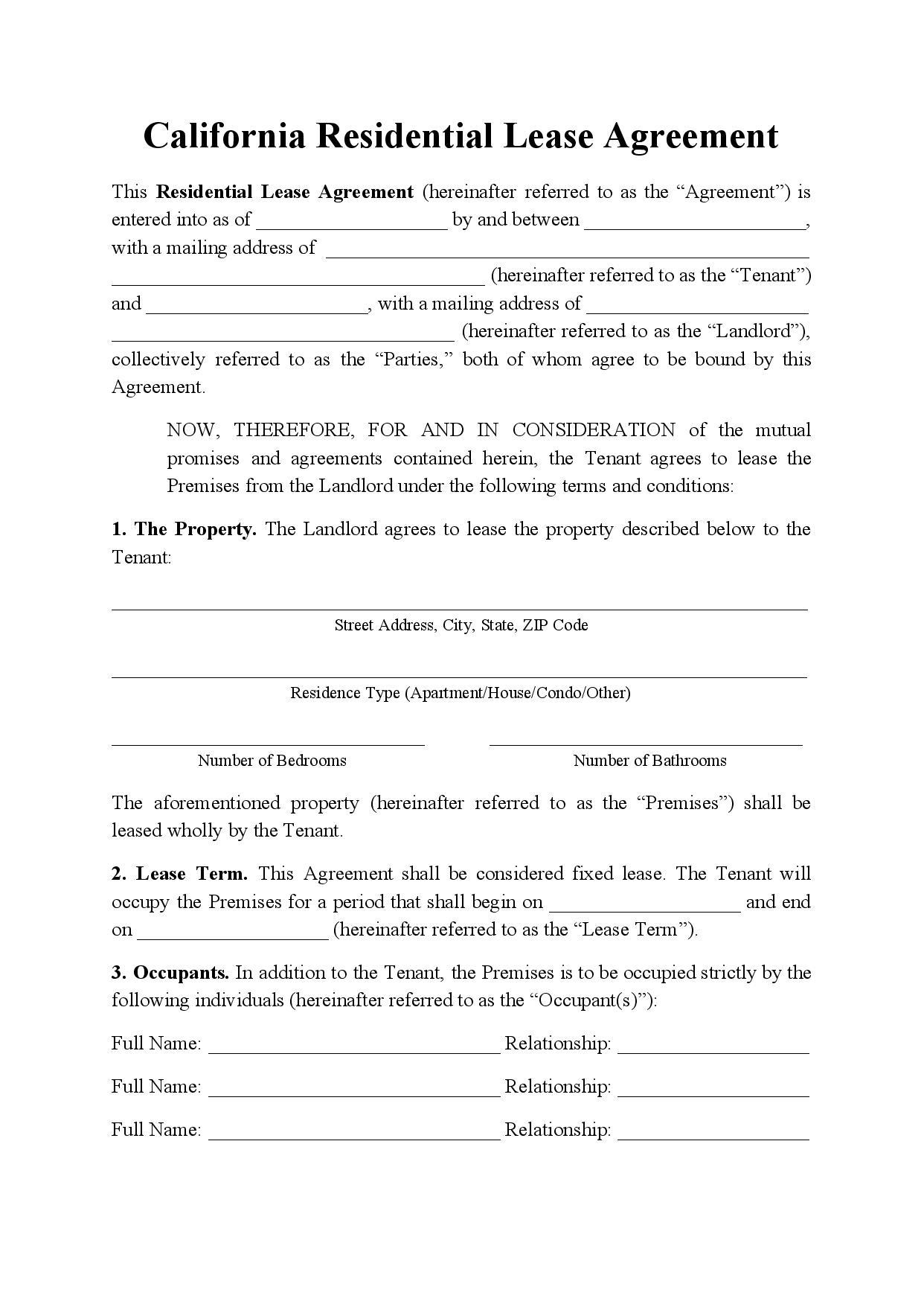 Free Fillable California Lease Agreement Form