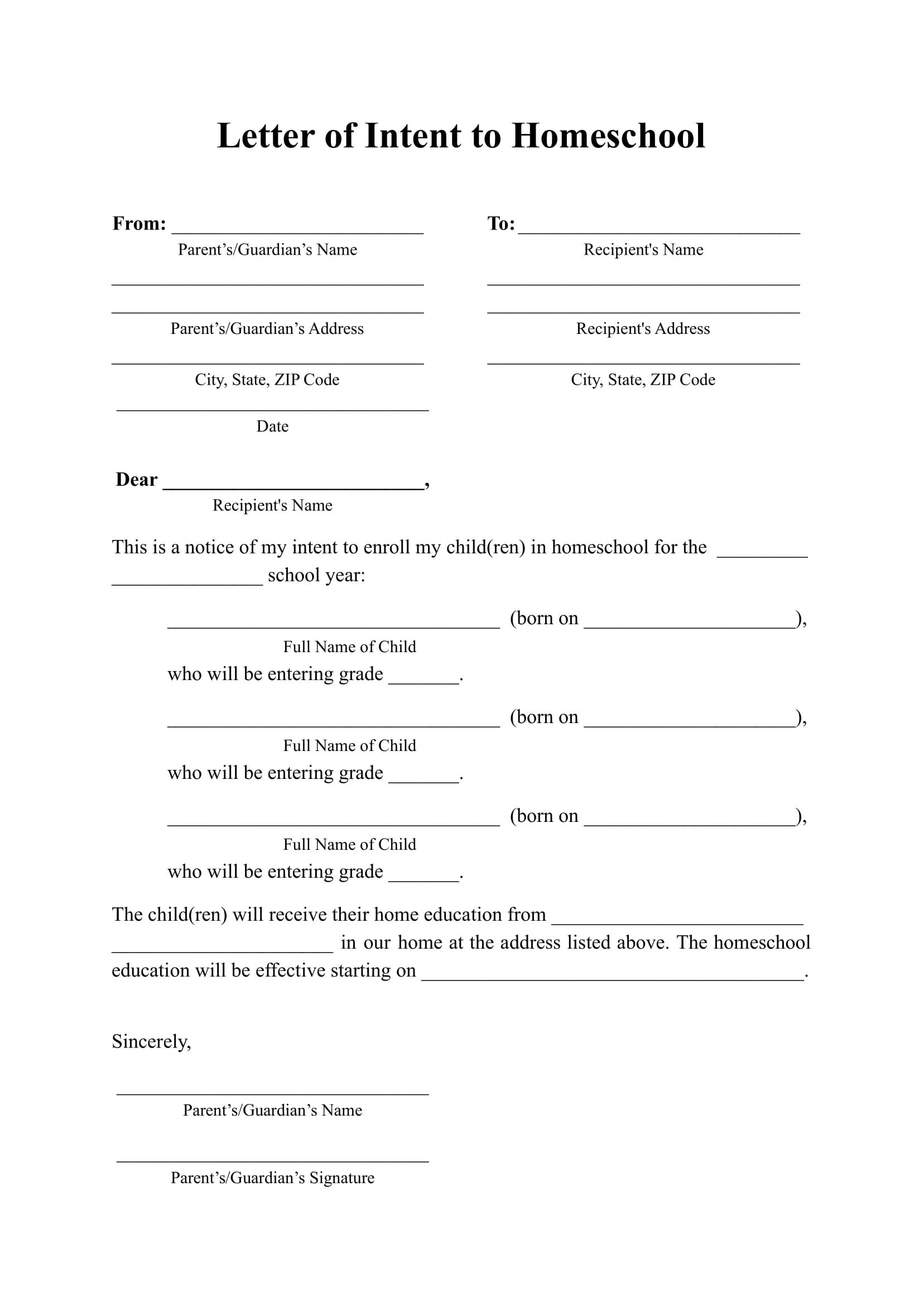 Free Fillable Letter of Intent to Homeschool
